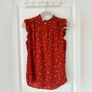 LOFT Orange-Red Floral Ruffle Blouse Tank Top